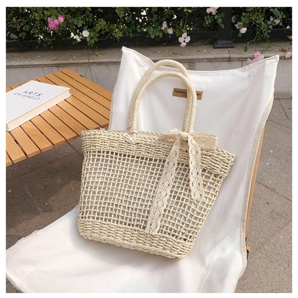 Japanese Korean Woven Tote Bag - Large Capacity Handmade Cotton Rope Shoulder Bag 39cm Width, Available in 2 Colors white off