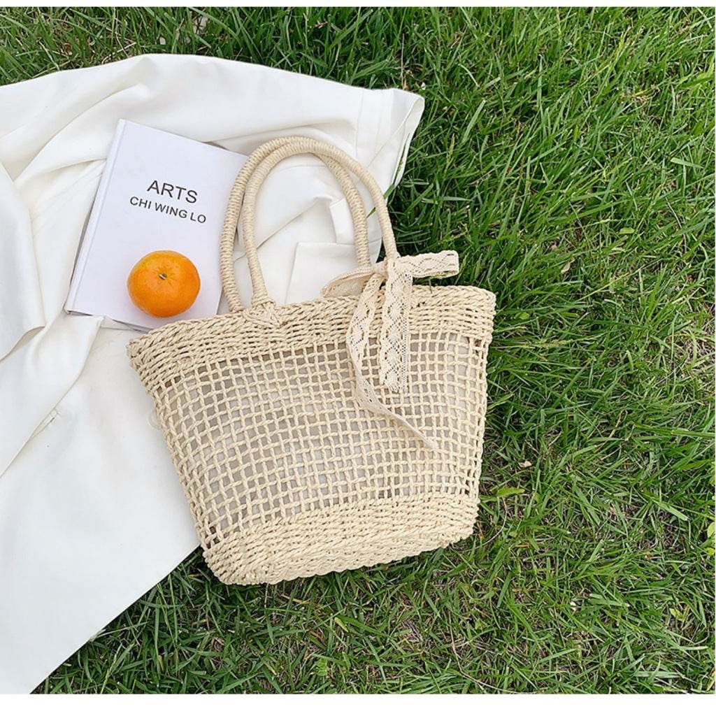 Japanese &amp; Korean Style Woven Tote Bag – Large Capacity Handmade Cotton Rope Bag in 2 Colors | Shoulder Tote 39cm Width One-Sake.com white off brown white off-brown-