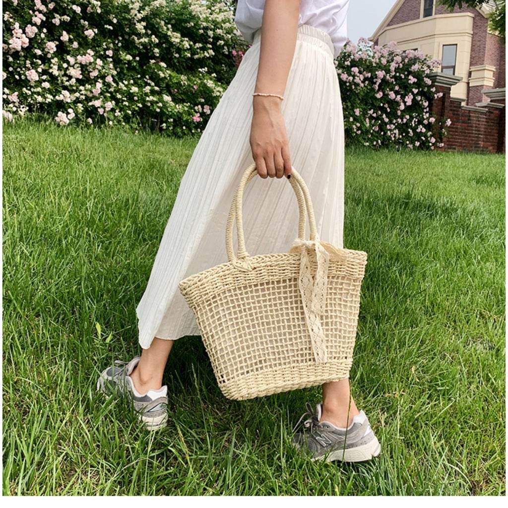 Japanese &amp; Korean Style Woven Tote Bag – Large Capacity Handmade Cotton Rope Bag in 2 Colors | Shoulder Tote 39cm Width One-Sake.com white off brown white off-brown-