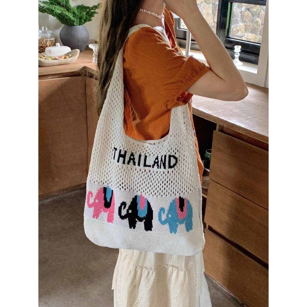Handwoven Elephant Pattern Crossbody Bag – Large Cotton Rope Tote for Women | 58cm Natural Fiber Bag with 35cm Width One-Sake.com white khaki white-khaki-