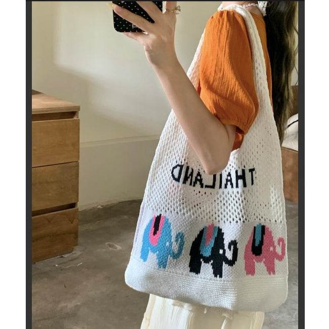 Handwoven Elephant Pattern Crossbody Bag – Large Cotton Rope Tote for Women | 58cm Natural Fiber Bag with 35cm Width One-Sake.com white khaki white-khaki-