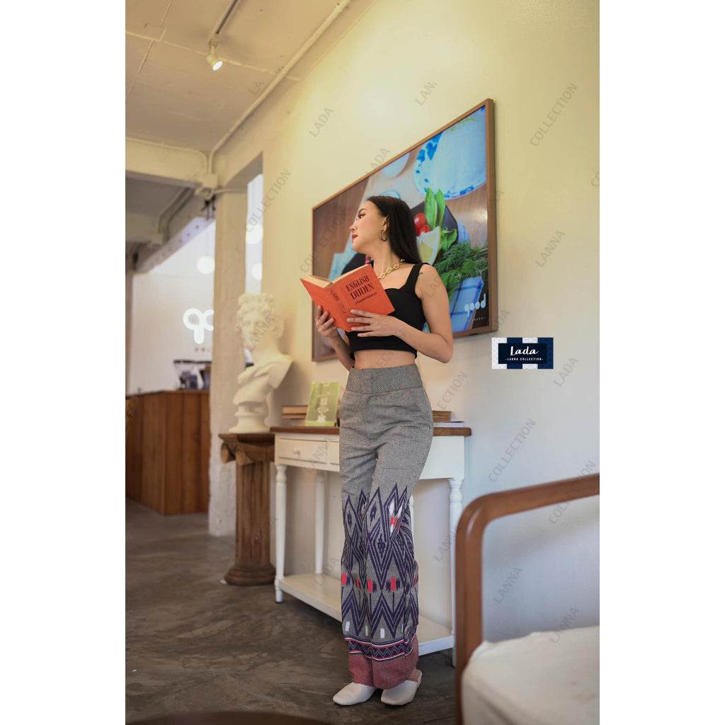 Rice-Pattern Printed Flared Bottom Pants – Small Leg Fit in Gray &amp; Navy | Thai Mud-Dyed Cotton Pants for Women in XS–XL Sizes One-Sake.com เทา / M เทา / XS เทา / S เทา / XS-เทา / S-เทา / M-เทา / L-กรม / XS-กรม / S-กรม / M-กรม / L-