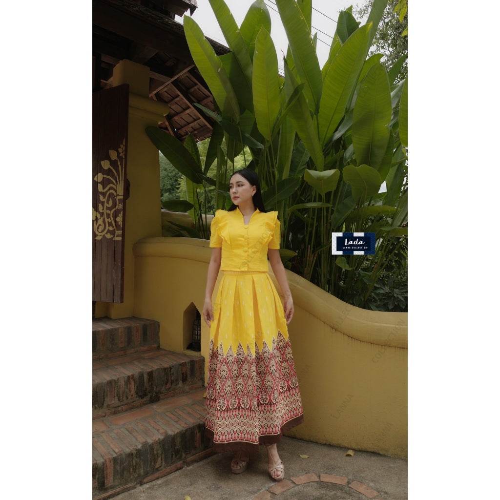 Double Layer Fan Print Cotton Blouse &amp; Skirt Set | Two-Piece Outfit in Small Leaf Pattern – Available in 2 Colors One-Sake.com ชมพู / L ชมพู / S ชมพู / M ชมพู / S-ชมพู / M-ชมพู / L-ชมพู / XL-เหลือง / S-เหลือง / M-เหลือง / L-เหลือง / XL-