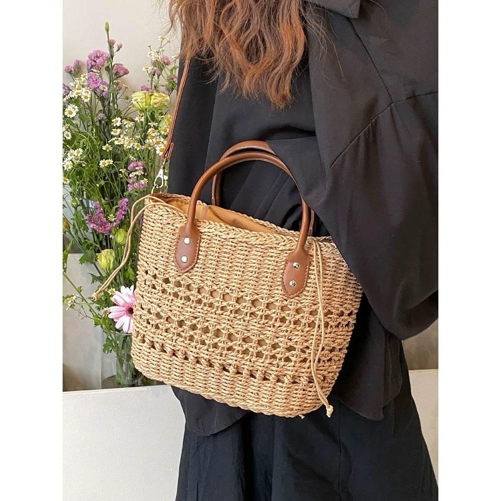 Handwoven Cotton Rope Tote Bag with Lining - Adjustable Strap & Natural Fiber Design | 20cm x 30cm Multi-Use Shoulder & Crossbody Bag for Women khaki