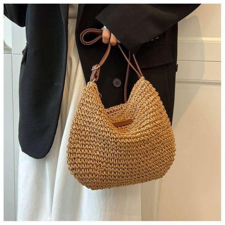 Korean Braided Crochet Shoulder Bag 23x29cm with Zipper Lining Adjustable Strap Natural Cotton Rope