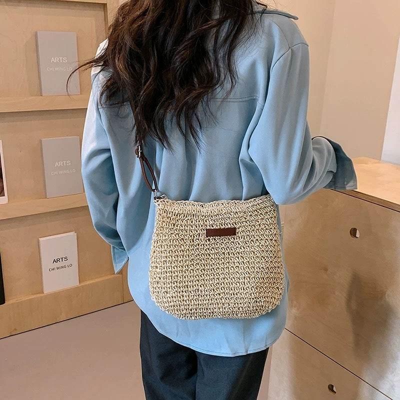 Korean Braided Crochet Shoulder Bag 23x29cm with Zipper Lining Adjustable Strap Natural Cotton Rope