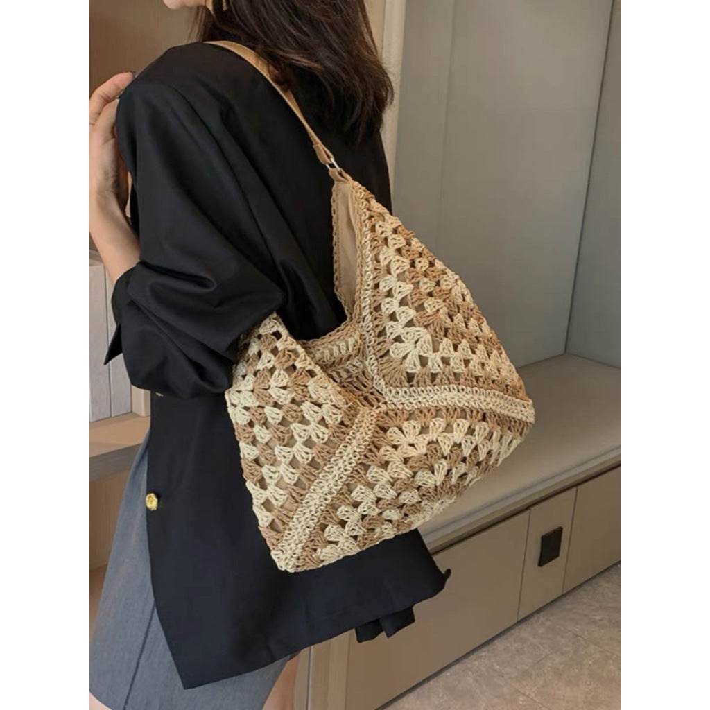 New Korean Style Crochet Shoulder Bag – Handmade Cotton Rope Tote for Women | Square 35cm x 35cm with 32cm Strap One-Sake.com khaki black khaki-black-