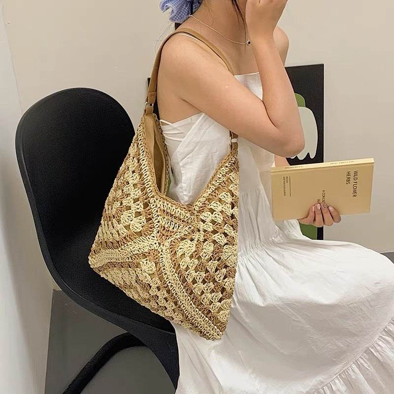 New Korean Style Crochet Shoulder Bag – Handmade Cotton Rope Tote for Women | Square 35cm x 35cm with 32cm Strap One-Sake.com khaki black khaki-black-