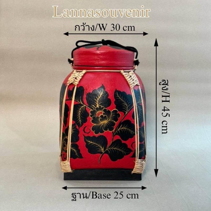 Handmade Thai Decorative Tray Lanna Rice Box - Artisan Crafted Home Décor แดง
