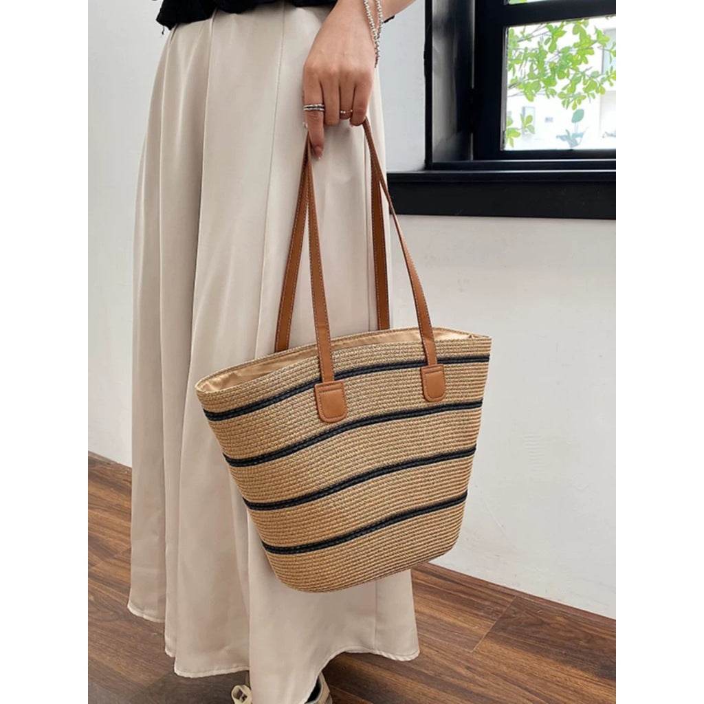 Handwoven Rattan Bag with Leather Strap – Elegant Shoulder Tote for Women | 42cm x 44cm Size – Natural Style Fashion Accessory One-Sake.com khaki khaki-