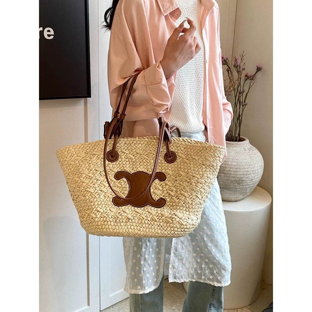 French Style Handwoven Straw Bag – Medium Size for Beach &amp; Daily Use | 40x50cm Woven Tote with 25cm Strap for Women One-Sake.com white off khaki white off-khaki-