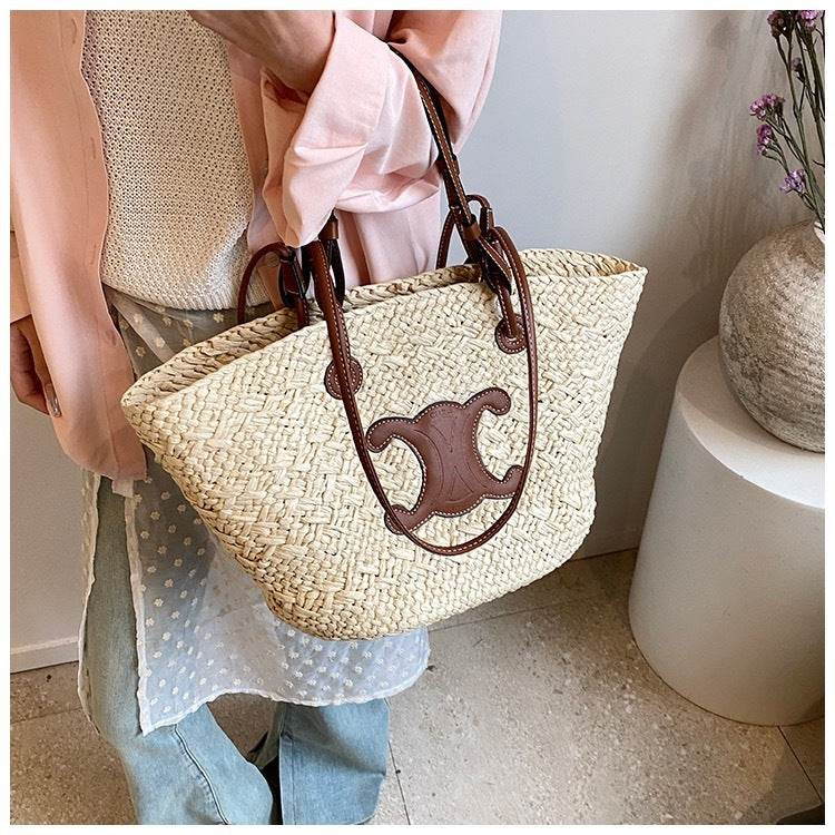French Style Handwoven Straw Bag – Medium Size for Beach &amp; Daily Use | 40x50cm Woven Tote with 25cm Strap for Women One-Sake.com white off khaki white off-khaki-