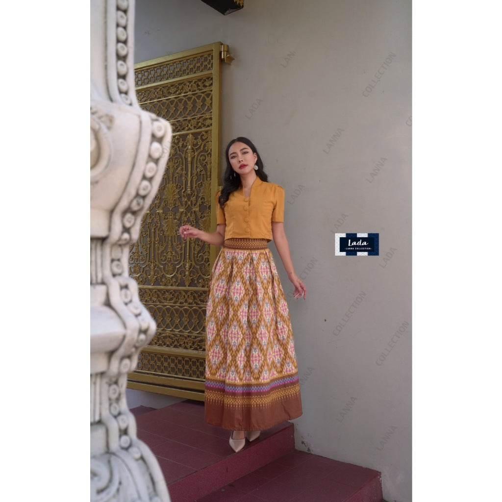 New Stairway to Heaven Cotton Set - 2-Piece Short Sleeve Collar Top with Pleated Skirt in Yellow, Blue & Purple