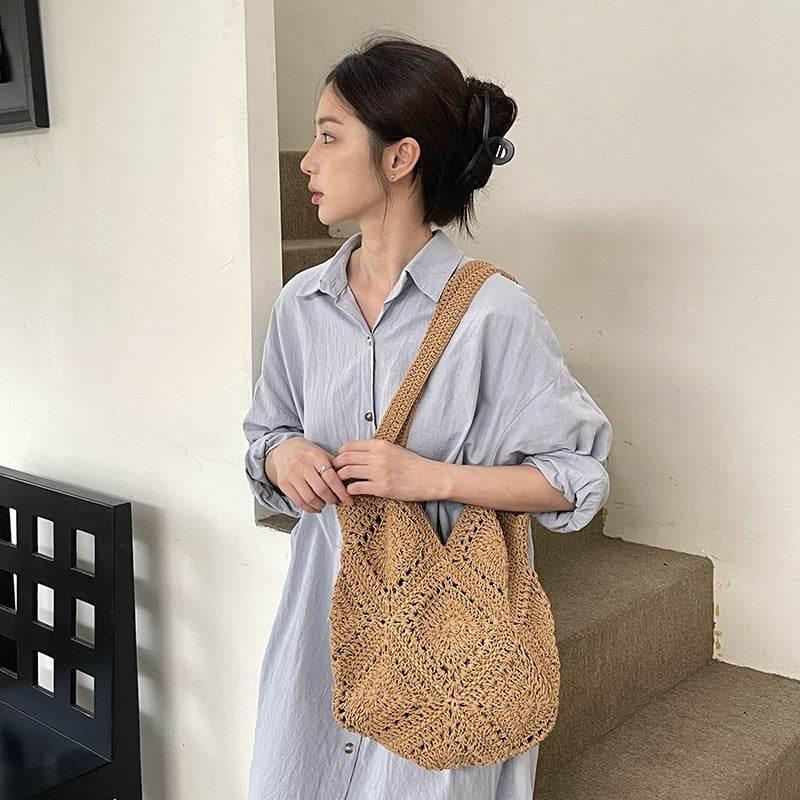 Korean Handwoven Cotton Tote Bag with Linen Lining & Magnetic Closure - Natural Rope Bag for Women