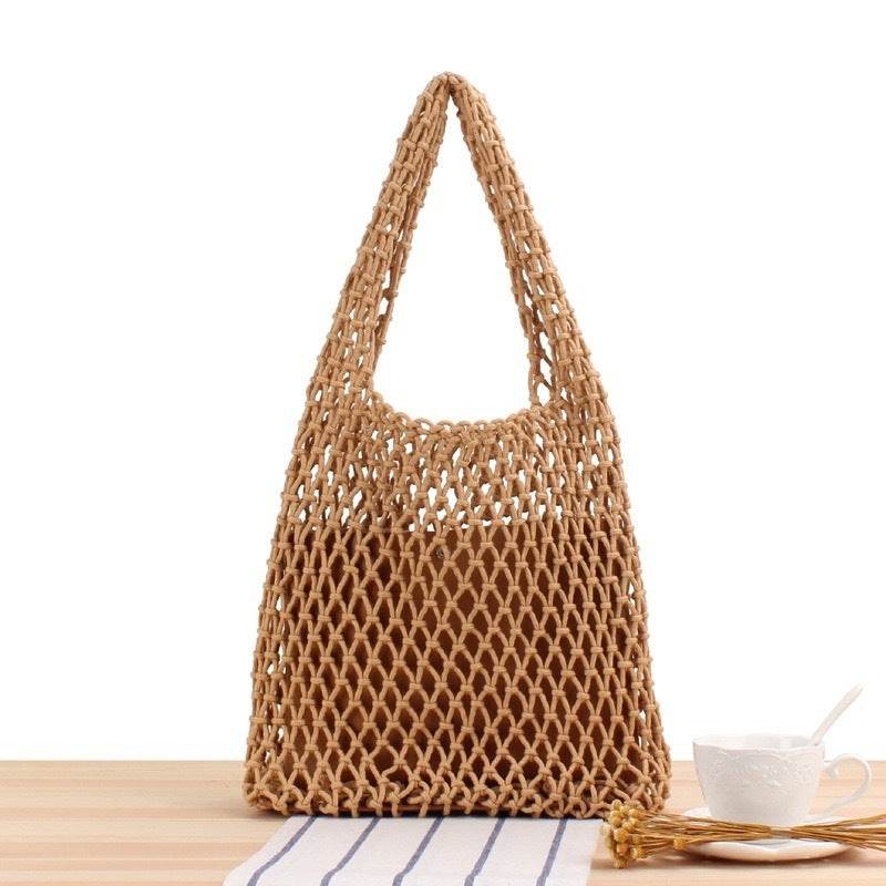 New 7-Color Crochet Rope Shoulder Bag with Leather Base – 50x28cm Tote for Women | Natural Material &amp; Inner Pouch Included One-Sake.com green White khaki White-khaki-green-purple-Blue-Yellow-Black-