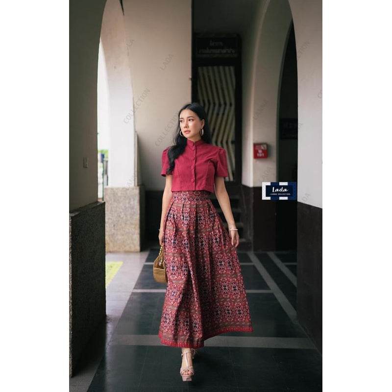 Jitlada Crop Top &amp; Praewa Print Pleated Skirt Set – Wine Red &amp; Navy Blue | Stylish Cotton Outfit for Women in S–XL Sizes One-Sake.com แดงไวน์ / L แดงไวน์ / S แดงไวน์ / M แดงไวน์ / S-แดงไวน์ / M-แดงไวน์ / L-แดงไวน์ / XL-กรม / S-กรม / M-กรม / L-กรม / XL-