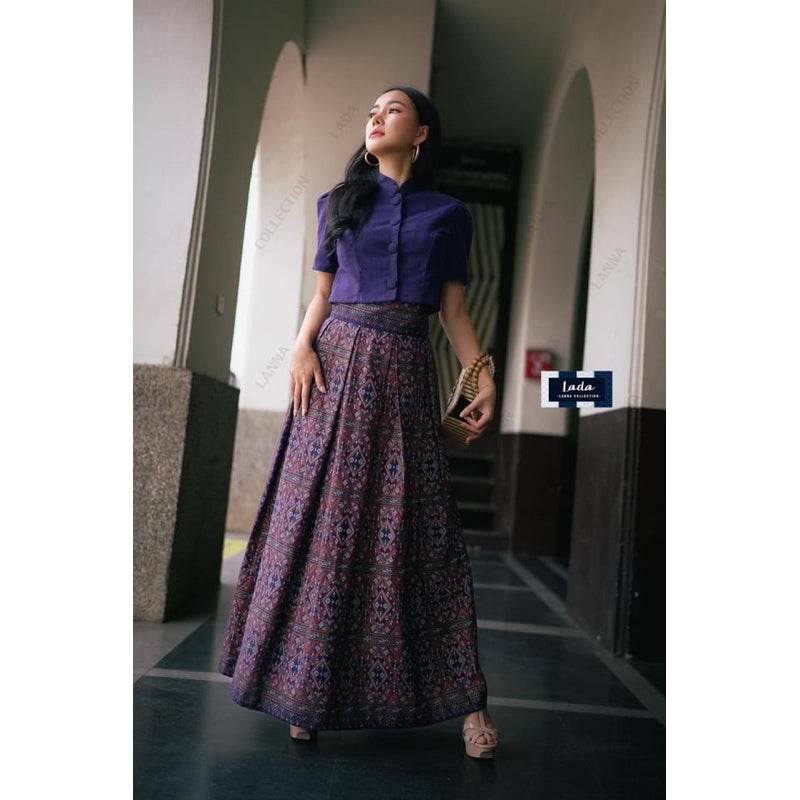 Jitlada Crop Top &amp; Praewa Print Pleated Skirt Set – Wine Red &amp; Navy Blue | Stylish Cotton Outfit for Women in S–XL Sizes One-Sake.com แดงไวน์ / L แดงไวน์ / S แดงไวน์ / M แดงไวน์ / S-แดงไวน์ / M-แดงไวน์ / L-แดงไวน์ / XL-กรม / S-กรม / M-กรม / L-กรม / XL-