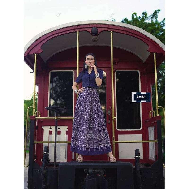Must-Have Thai Cotton Outfit for Women - Collar Short Sleeve Top & Royal Request Print Pleated Skirt Set in Terracotta, Black, Purple & Green กรม