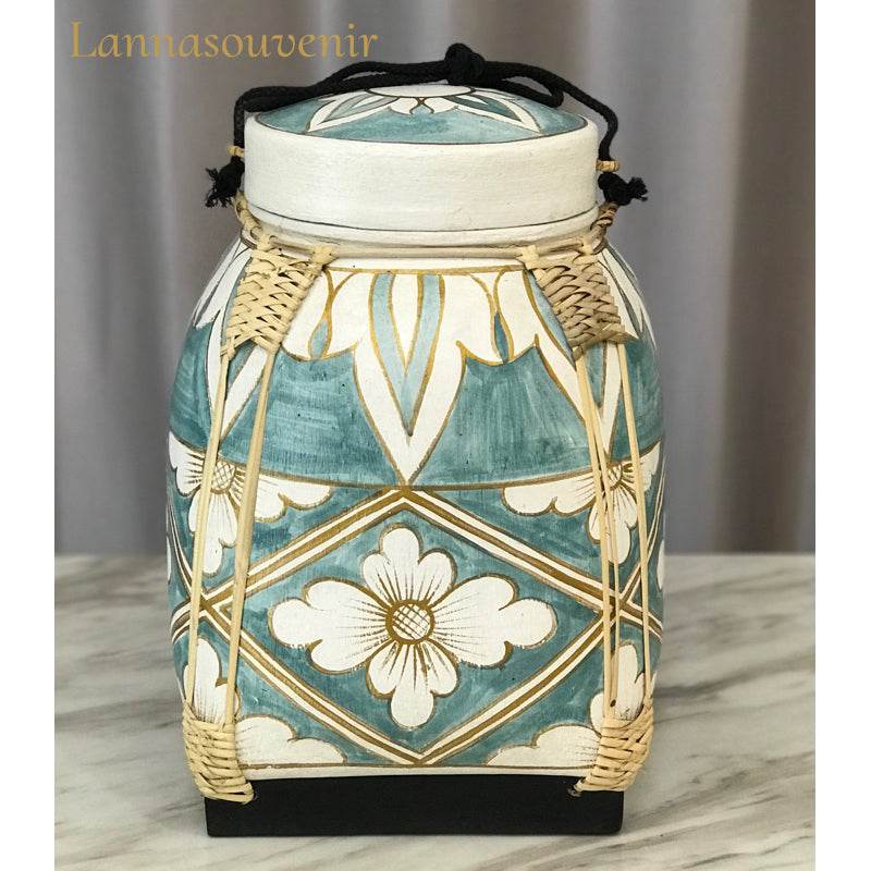 Handcrafted ceramic container with floral pattern and woven details from One-Sake.com decorative tray