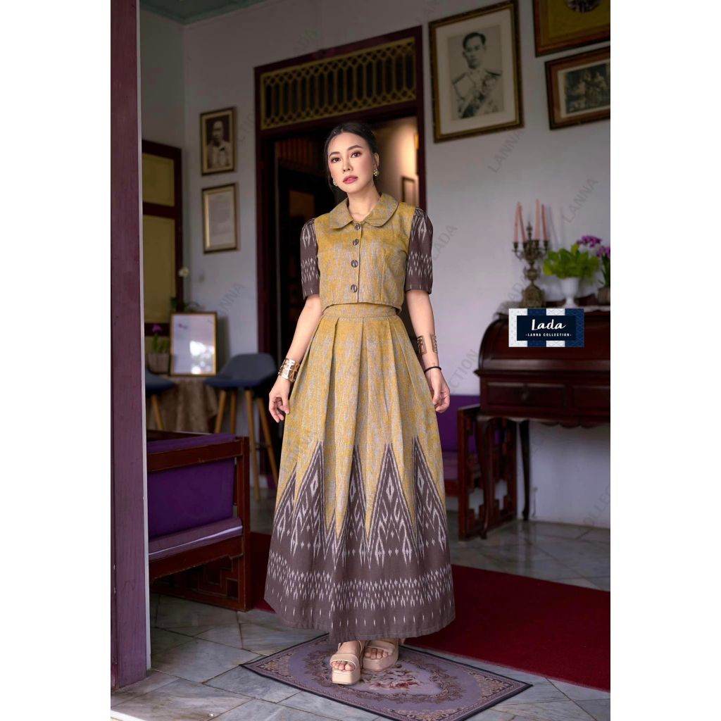 New Two-Tone Lotus Collar Crop Top &amp; Pleated Skirt Set – Yellow, Sky Blue &amp; Pink | Traditional Thai Cotton Print Outfit for Women One-Sake.com ชมพู / L ชมพู / S ชมพู / M ชมพู / S-ชมพู / M-ชมพู / L-ชมพู / XL-ฟ้า / S-ฟ้า / M-ฟ้า / L-ฟ้า / XL-เหลือง / S-เหลือง / M-เหลือง / L-เหลือง / XL-