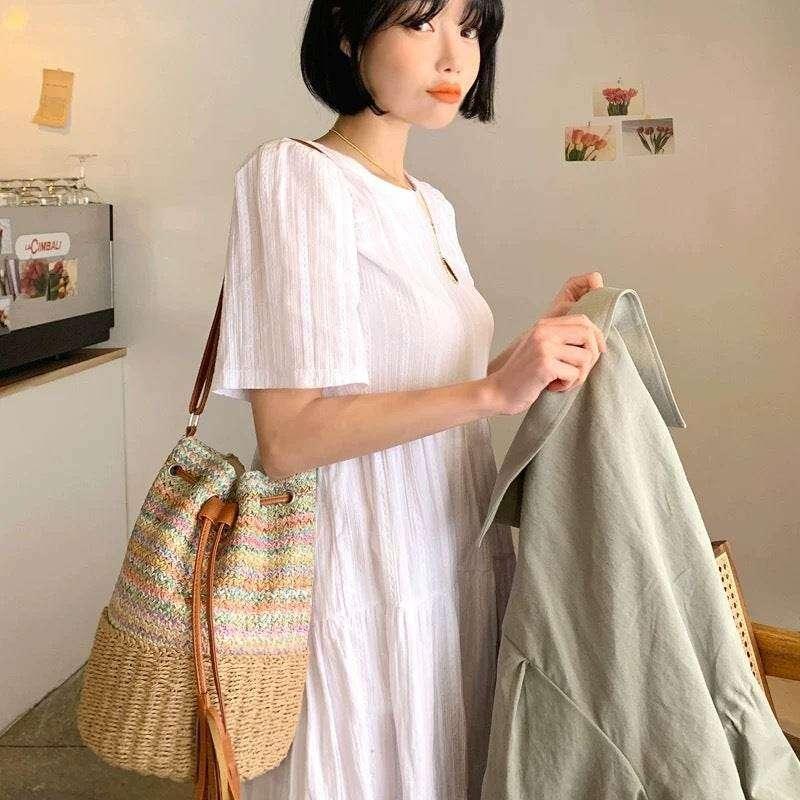 New Korean Handmade Pleated Tote Bag | Eco-Friendly Cotton Rope Shoulder Bag 28x20cm with 101cm Strap