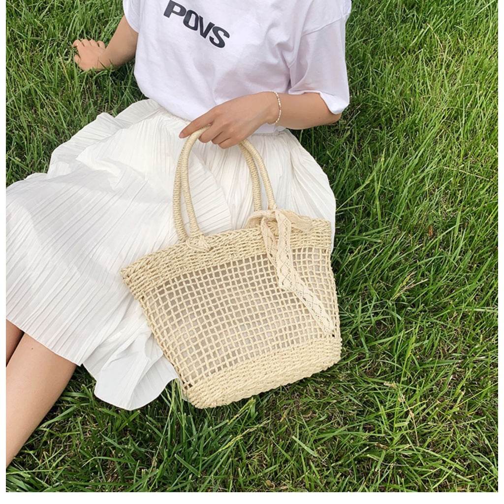 Japanese &amp; Korean Style Woven Tote Bag – Large Capacity Handmade Cotton Rope Bag in 2 Colors | Shoulder Tote 39cm Width One-Sake.com white off brown white off-brown-