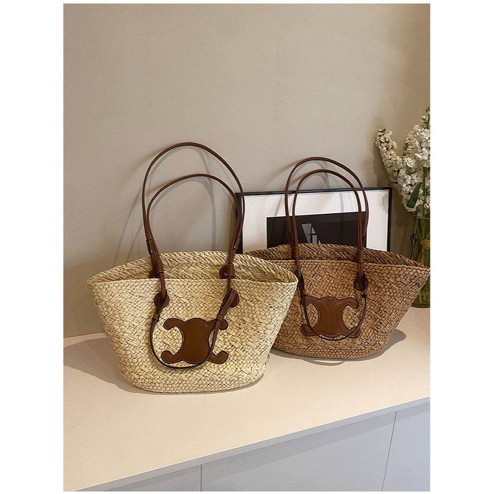 French Style Handwoven Straw Bag – Medium Size for Beach &amp; Daily Use | 40x50cm Woven Tote with 25cm Strap for Women One-Sake.com white off khaki white off-khaki-