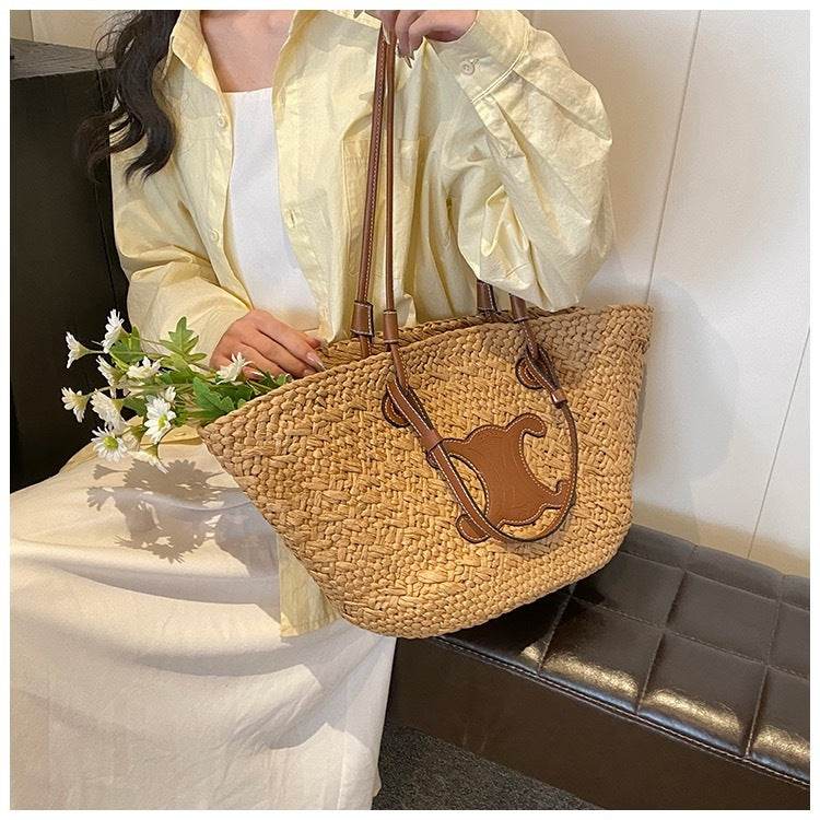 French Style Handwoven Straw Bag – Medium Size for Beach &amp; Daily Use | 40x50cm Woven Tote with 25cm Strap for Women One-Sake.com white off khaki white off-khaki-