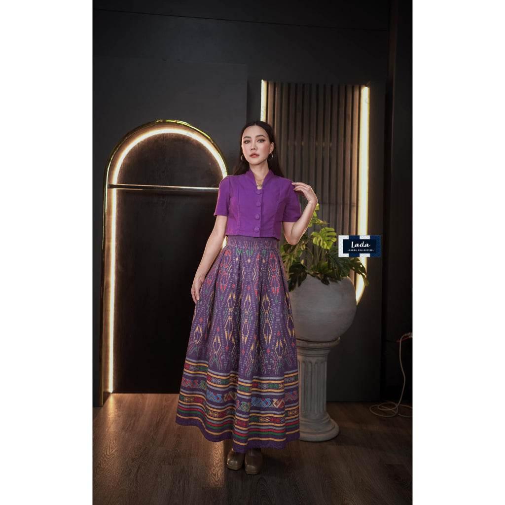 New Snake Pattern Cotton Set - Short Sleeve Collared Top & High-Waisted Pleated Skirt | Available in 4 Colors & Sizes S–XL ม่วง
