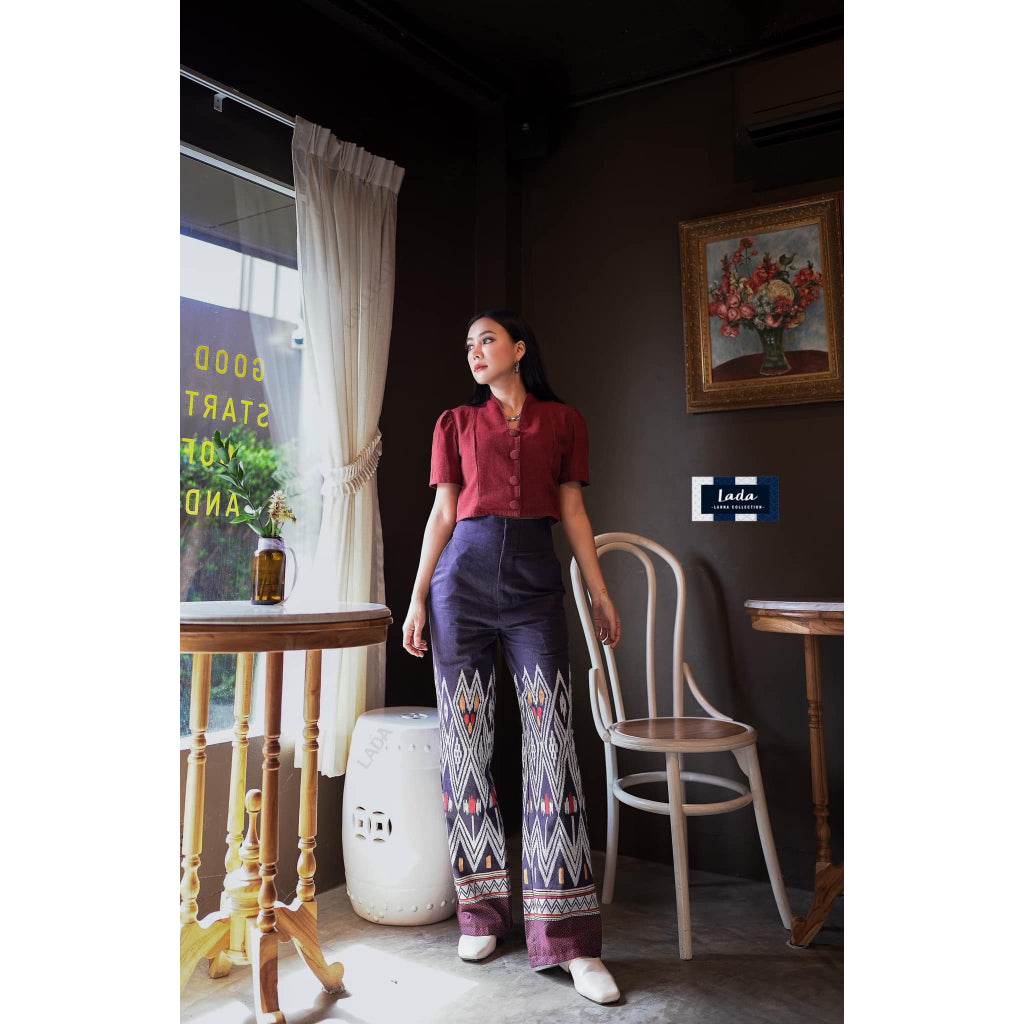 Rice-Pattern Printed Flared Bottom Pants – Small Leg Fit in Gray &amp; Navy | Thai Mud-Dyed Cotton Pants for Women in XS–XL Sizes One-Sake.com เทา / M เทา / XS เทา / S เทา / XS-เทา / S-เทา / M-เทา / L-กรม / XS-กรม / S-กรม / M-กรม / L-