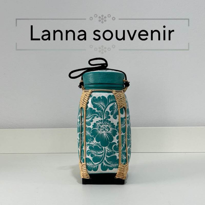 handmade lanna bamboo rice box with green floral design and woven bamboo frame from One-Sake.com