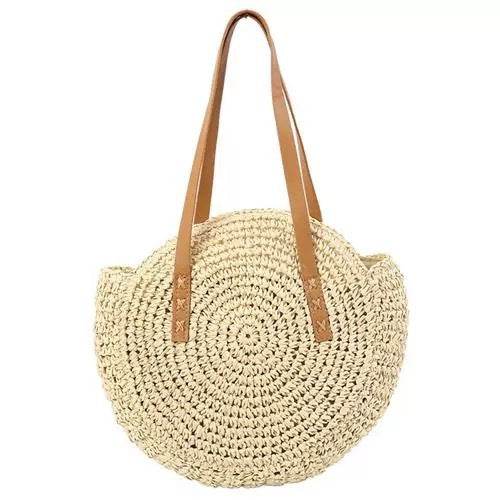New Handwoven Big Round Bag with Leather Strap – 44cm Width Cotton Rope Tote for Women | Unique Crochet Pattern &amp; Natural Texture One-Sake.com off white-2 off white-1 khaki-1 off white-1-khaki-1-off white-2-khaki-2-