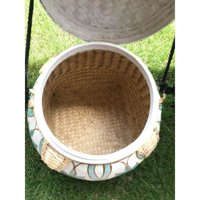 Handmade Thai decorative tray with woven bamboo interior and painted exterior design