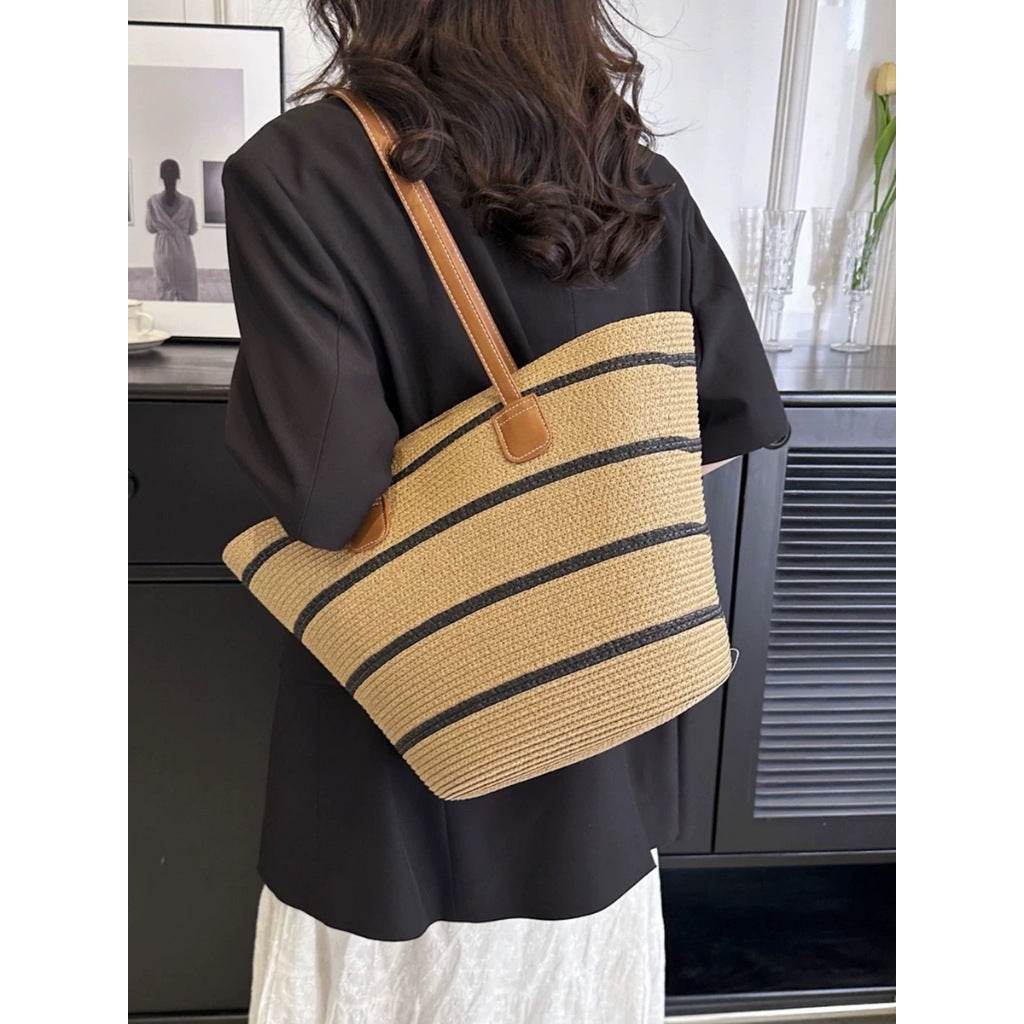 Handwoven Rattan Bag with Leather Strap – Elegant Shoulder Tote for Women | 42cm x 44cm Size – Natural Style Fashion Accessory One-Sake.com khaki khaki-