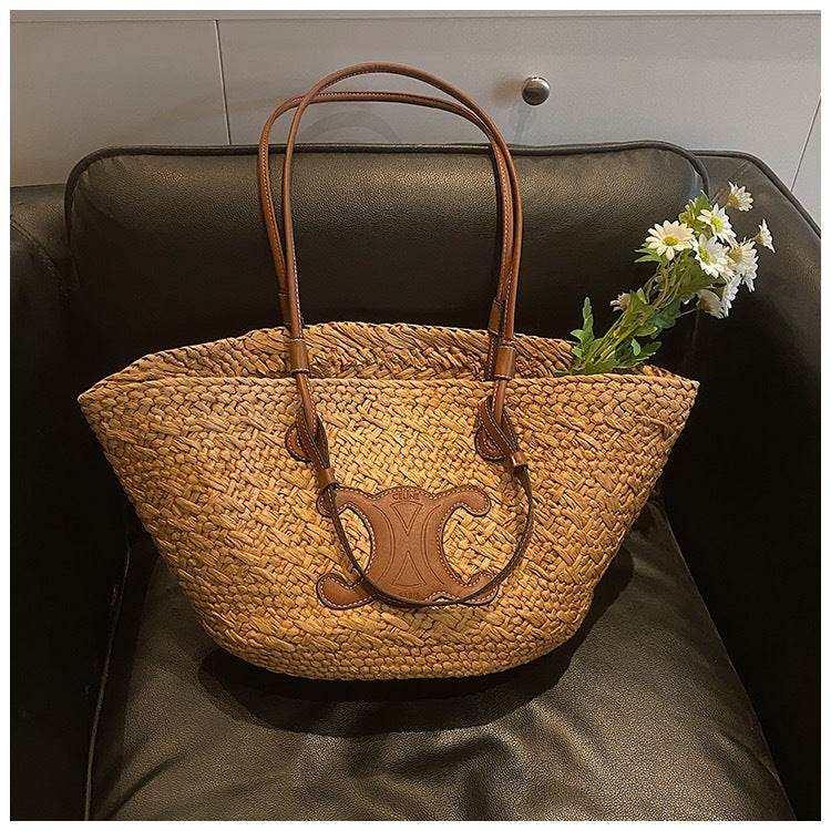 French Style Handwoven Straw Bag – Medium Size for Beach &amp; Daily Use | 40x50cm Woven Tote with 25cm Strap for Women One-Sake.com white off khaki white off-khaki-