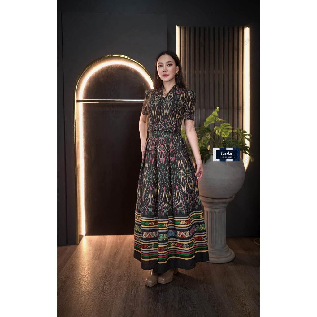 New Snake Pattern Cotton Set - Short Sleeve Collared Top & High-Waisted Pleated Skirt | Available in 4 Colors & Sizes S–XL ดำลาย