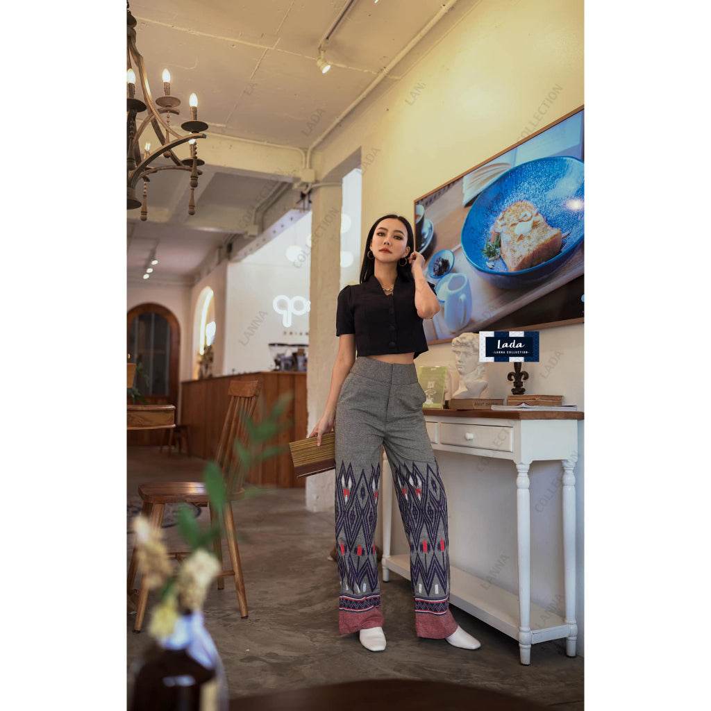 Rice-Pattern Printed Flared Bottom Pants – Small Leg Fit in Gray &amp; Navy | Thai Mud-Dyed Cotton Pants for Women in XS–XL Sizes One-Sake.com เทา / M เทา / XS เทา / S เทา / XS-เทา / S-เทา / M-เทา / L-กรม / XS-กรม / S-กรม / M-กรม / L-