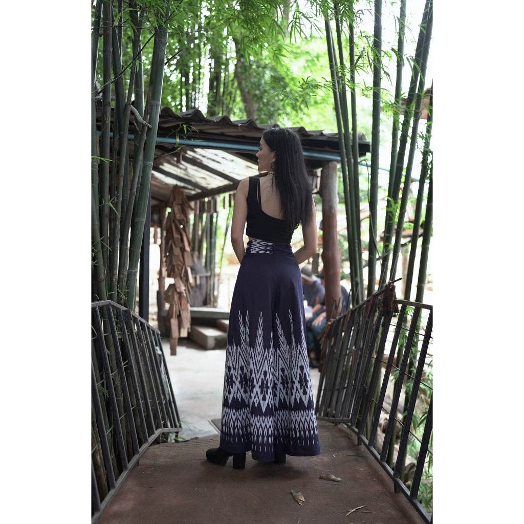 Navy Blue Pine Tree Print Flared Cotton Pants – High Waist Wide Leg Trousers for Women | Mud-Dyed Soft Fabric One-Sake.com L S M S-M-L-XL-
