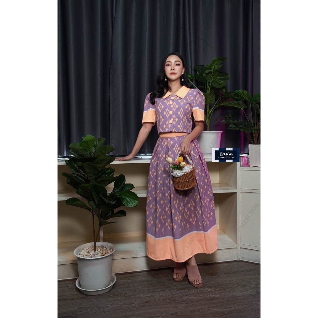 Pastel Krok Dork Kaew Blouse &amp; Pleated Skirt Set – 3 Colors | Modest Cotton Outfit for Women One-Sake.com ครีม / L ครีม / S ครีม / M ครีม / S-ครีม / M-ครีม / L-ครีม / XL-ม่วง / S-ม่วง / M-ม่วง / L-ม่วง / XL-เทา / S-เทา / M-เทา / L-เทา / XL-