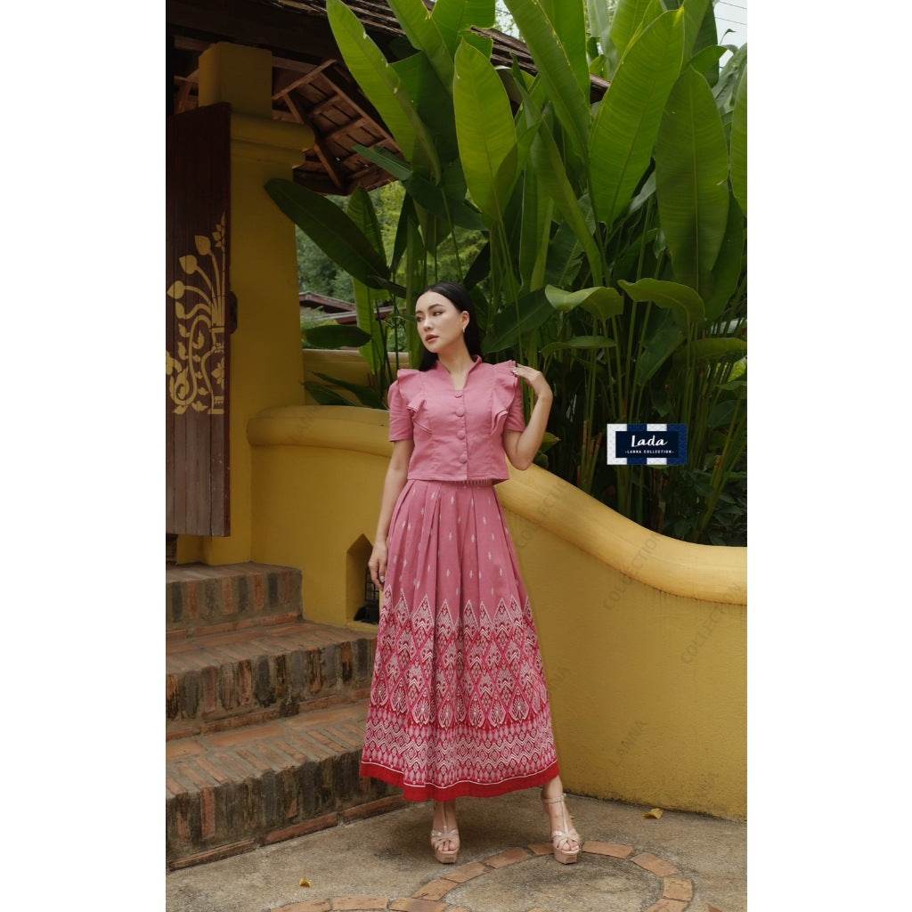 Double Layer Fan Print Cotton Blouse &amp; Skirt Set | Two-Piece Outfit in Small Leaf Pattern – Available in 2 Colors One-Sake.com ชมพู / L ชมพู / S ชมพู / M ชมพู / S-ชมพู / M-ชมพู / L-ชมพู / XL-เหลือง / S-เหลือง / M-เหลือง / L-เหลือง / XL-