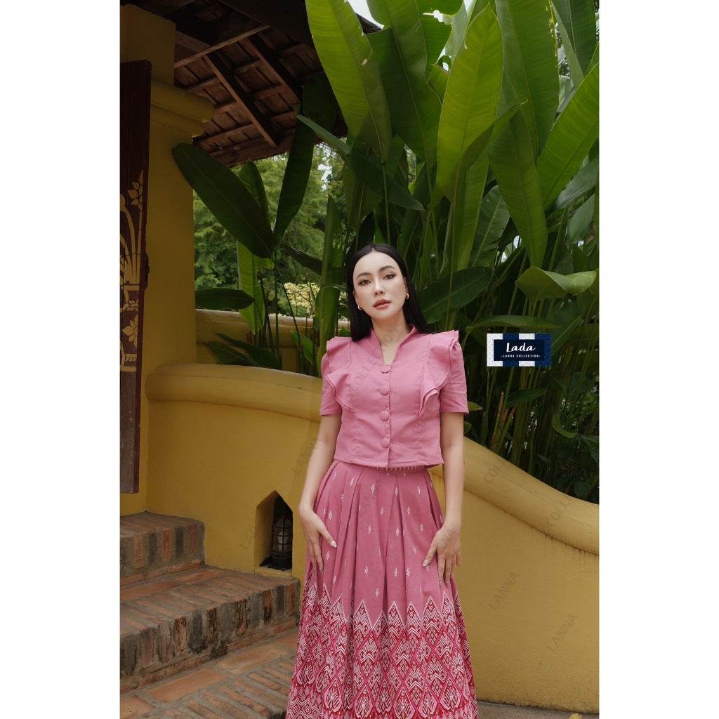 Double Layer Fan Print Cotton Blouse &amp; Skirt Set | Two-Piece Outfit in Small Leaf Pattern – Available in 2 Colors One-Sake.com ชมพู / L ชมพู / S ชมพู / M ชมพู / S-ชมพู / M-ชมพู / L-ชมพู / XL-เหลือง / S-เหลือง / M-เหลือง / L-เหลือง / XL-