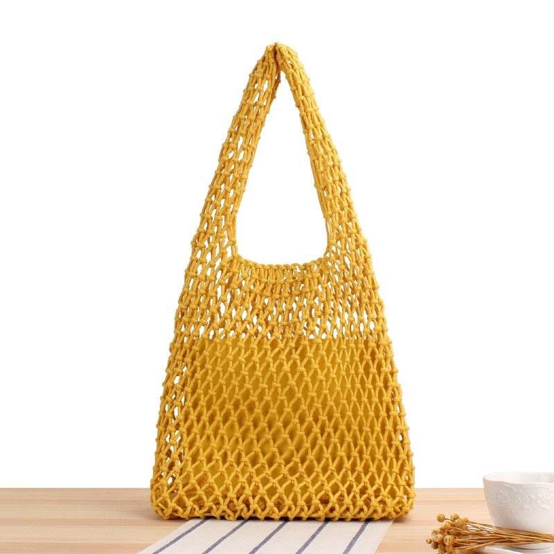 7-Color Crochet Rope Shoulder Bag with Leather Base – Handmade Cotton Tote for Women | Approx. 50cm Height One-Sake.com green White khaki White-khaki-green-purple-Blue-Yellow-Black-