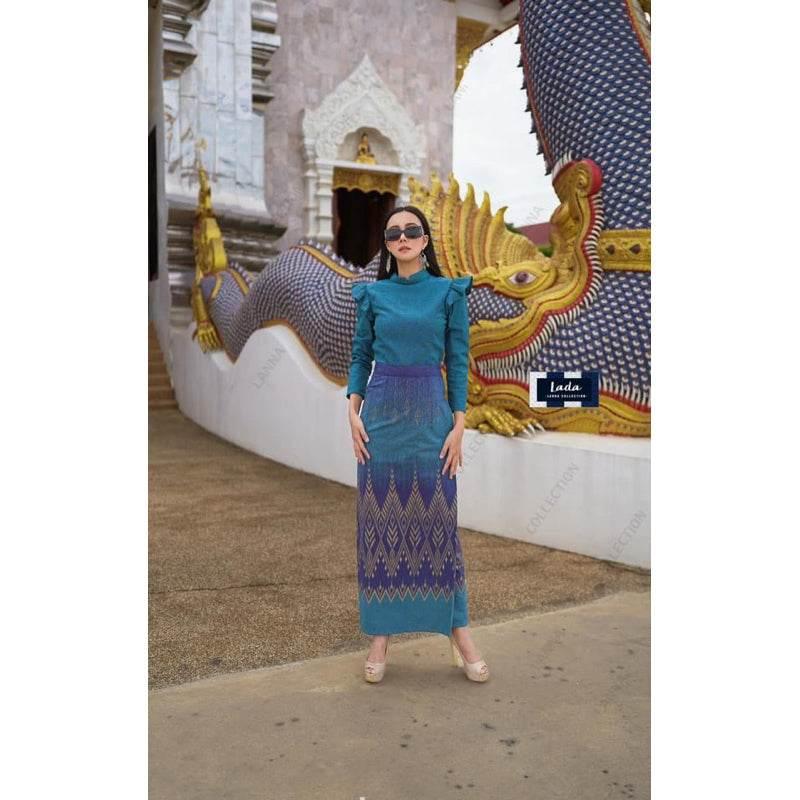 Royal Broomphiman Cotton Set with Shoulder Ruffles & Pine Print Tube Skirt in Elegant Thai Style - Yellow, Green, and Purple Outfit เขียว