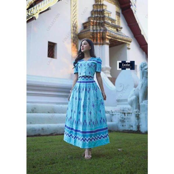 Pastel Print Cotton Set: Button Top & Pleated Skirt – S–XL Sizes | Women's Traditional Thai-Inspired Attire ฟ้า