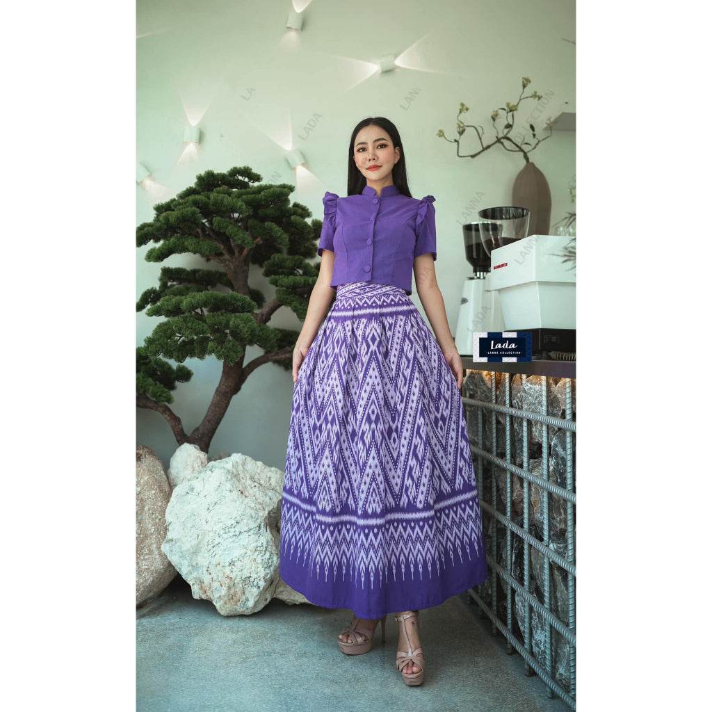 New Jitlada Short Sleeve Top &amp; Lisa Print Pleated Skirt Set – Purple Cotton Outfit | S–XL Sizes for Women One-Sake.com L S M S-M-L-XL-