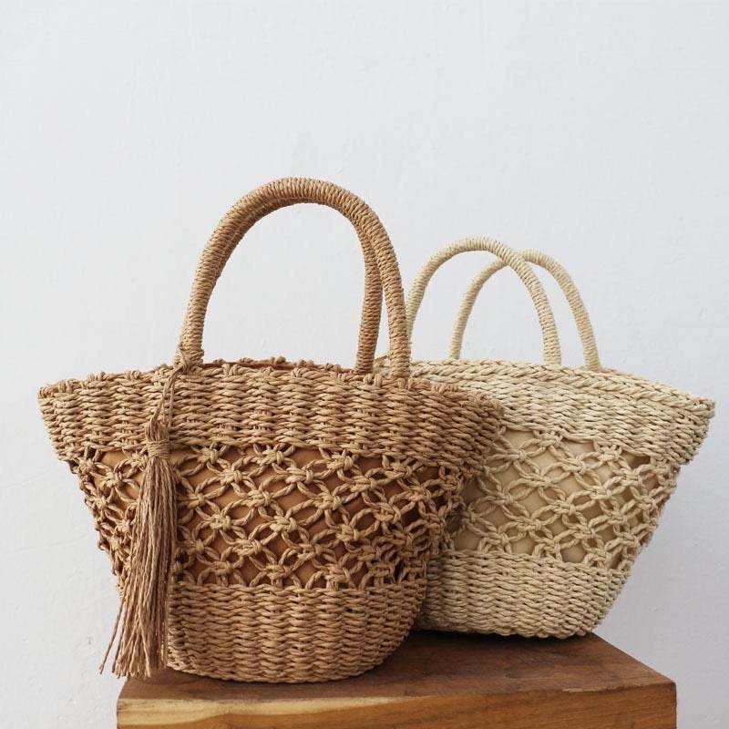 New Korean Handmade Woven Tote Bag for Women – Cotton Rope &amp; Natural Material with Inner Pocket | 2 Color Options One-Sake.com off white khaki off white-khaki-
