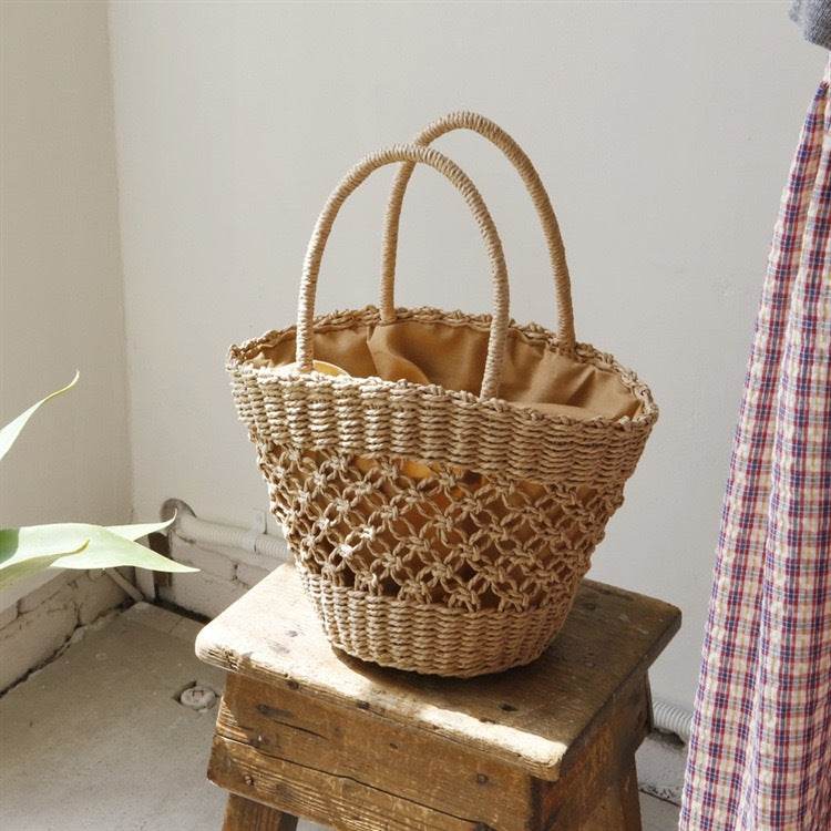 New Korean Handmade Woven Tote Bag for Women – Cotton Rope &amp; Natural Material with Inner Pocket | 2 Color Options One-Sake.com off white khaki off white-khaki-
