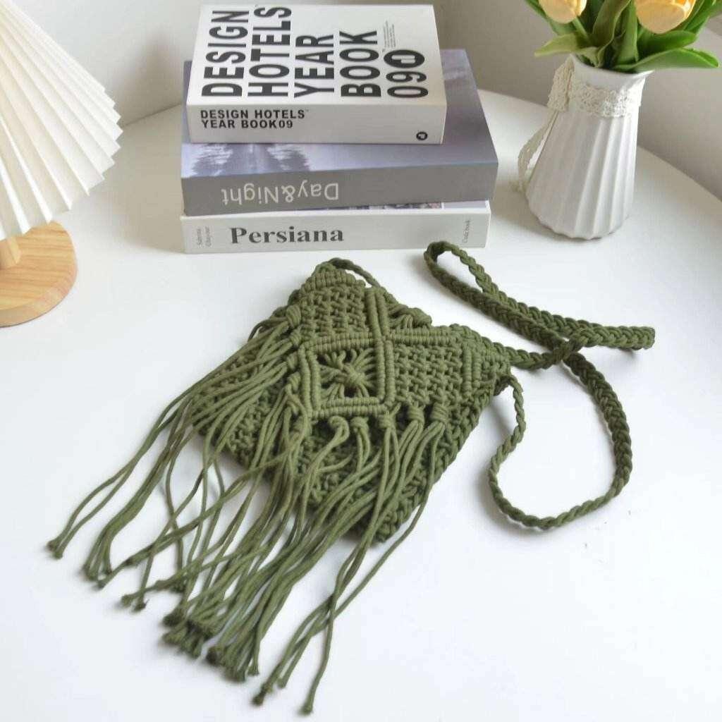 Boho Woven Shoulder Bag - Affordable Beach Tote with Long Strap, 17cm x 18cm & 50cm Strap green