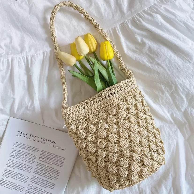 Handwoven Korean Style Shoulder Bag - Artisan Crafted Cotton Tote with Adjustable Strap, 25cm Height