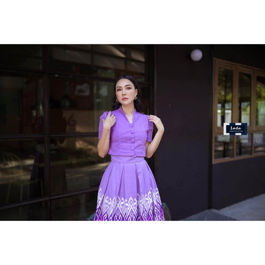 Soft Color 2-Piece Cotton Set with Collar Top &amp; Pleated Skirt – Mustard Yellow, Sky Blue &amp; Purple | Flattering Fit for Women One-Sake.com ม่วง / L ม่วง / S ม่วง / M ม่วง / S-ม่วง / M-ม่วง / L-ม่วง / XL-เหลือง / S-เหลือง / M-เหลือง / L-เหลือง / XL-ฟ้า / S-ฟ้า / M-ฟ้า / L-ฟ้า / XL-